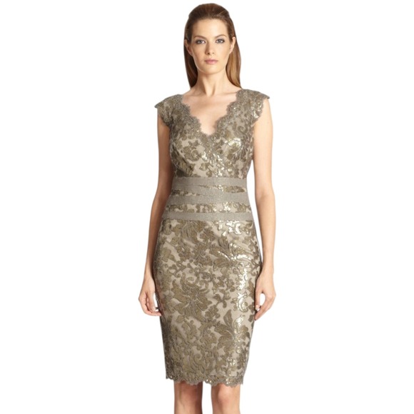 Tadashi Shoji Dresses & Skirts - Tadashi Shoji Bronze Olive Sequin Lace Sheath Cocktail Dress Sz 4 Art Deco‎ Glam